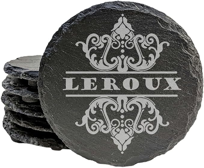 Rustic Refinement: Personalized Slate Coasters with Custom Text Design - Round Slate - Set of 4