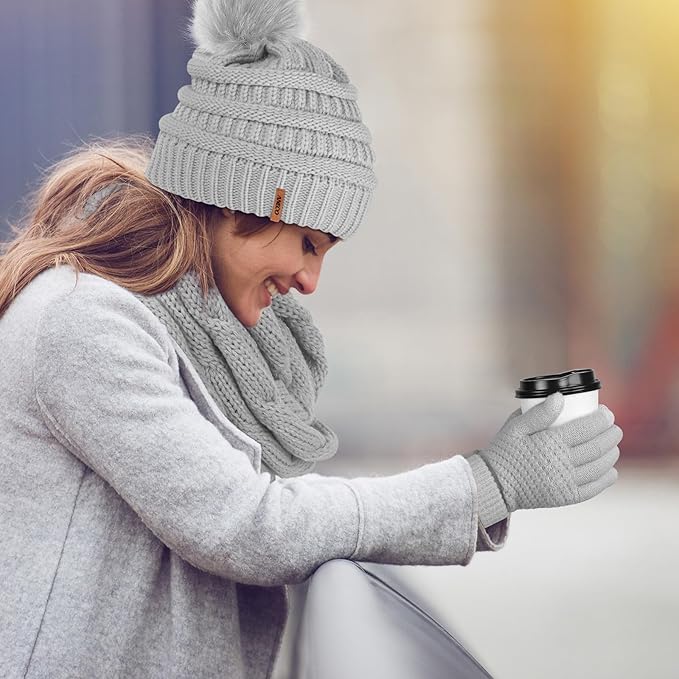 Aneco Womens Winter Warm Sets Knitted Fur Pompoms Beanie Hat Circle Loop Scarf Touch Screen Gloves Winter Favor Accessories