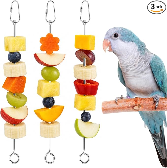 Pawfly 3 Pcs Stainless Steel Parrot Fruit Vegetable Skewer, 10 Inch/26 cm Hanging Bird Cage Food Holder with Hook, Bird Cage Feeder for Vegetable & Fruit, Bird Treat Skewer, Foraging Toy for Parakeets