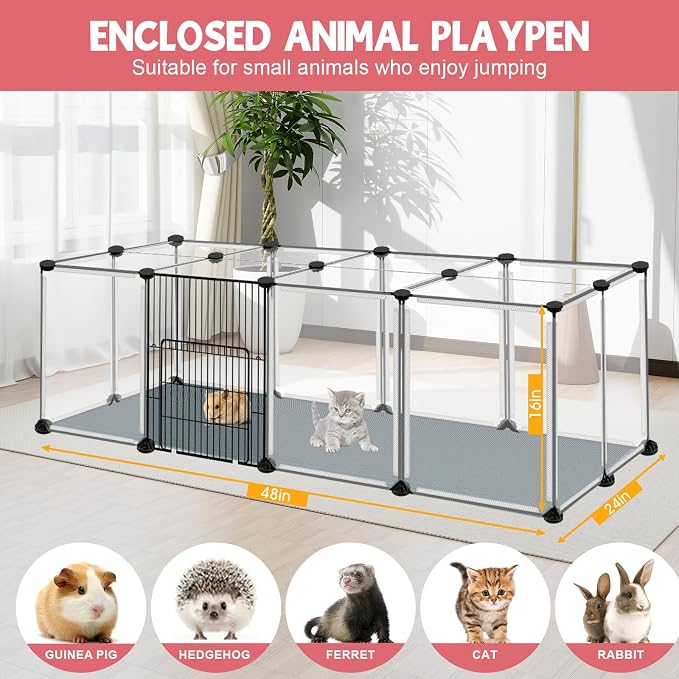 VISCOO 20 Panels Small Animals Playpen, 48"x24"x16" Pet Playpen | Transparent with Waterproof Mat,Portable Plastic Fence for Guinea Pigs/Bunny/Hamsters/Hedgehogs Indoors Outdoor