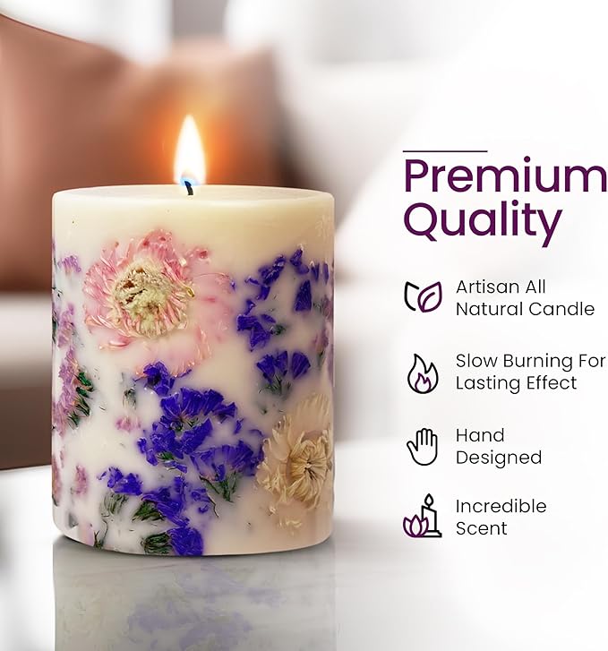 VIONAMI Botanical Scented Pillar Candle - Tropical Rare Flower Fragrance Candles Gifts for Women, Gift Ready - Decorative Natural Soy Scented Candles with Dried Flowers for Home (Forget Me)