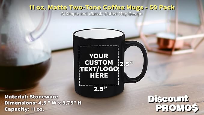 DISCOUNT PROMOS 50 Matte Two-Tone Coffee Mugs Set, 11 oz. - Customizable Text, Logo - Stoneware, Drinkware, Durable, C-handle - White