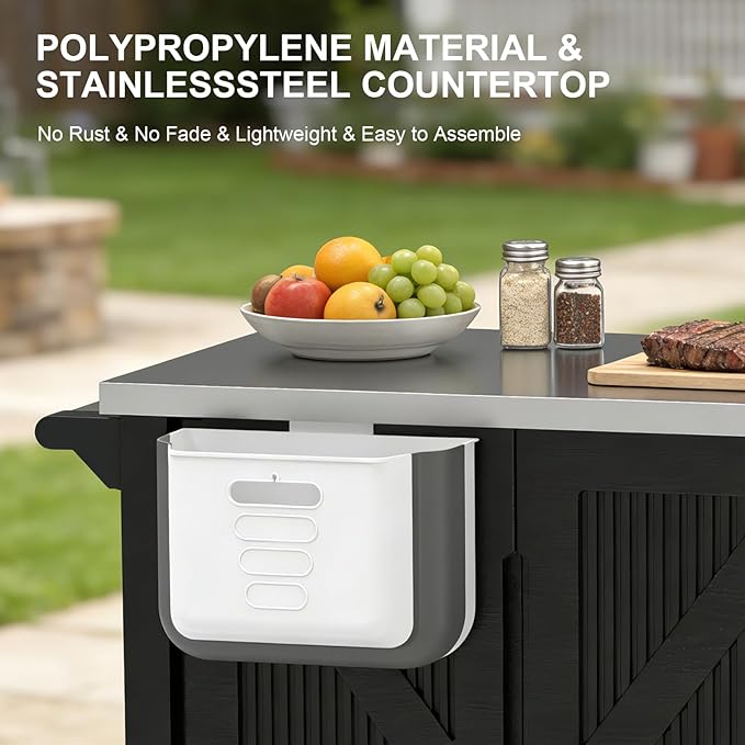Outdoor Grill Cart with Storage Cabinet, Movable Kitchen Island with Stainless Steel Countertop, 4 Swivel Wheels, PP Material Rolling BBQ Food Prep Table Cart for Patio, Poolside, Black
