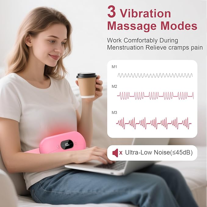 Portable Heating Pad for Period Cramps: New Cordless Menstrual Heating Pad with 3 Heat Levels and 3 Massage Modes, 3s Fast Heating Gift for Women and Girl Pink