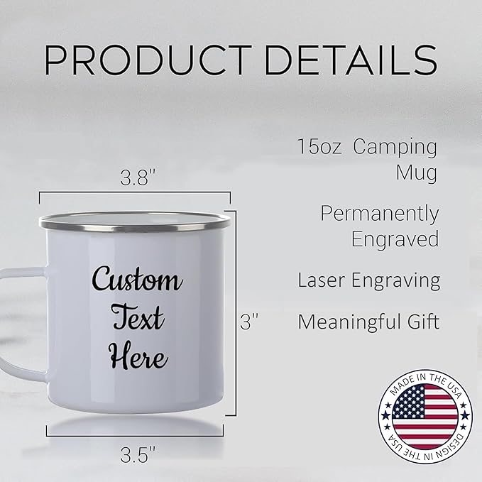 Custom Camping Mug, Personalized Stainless Steel Coffee Mugs With Text, 15oz Metal Campfire Cups, Travel Cup for Hot Chocolate, Tea, Engraved Gifts for Men, Women (Engraved Custom Text, White Metal)