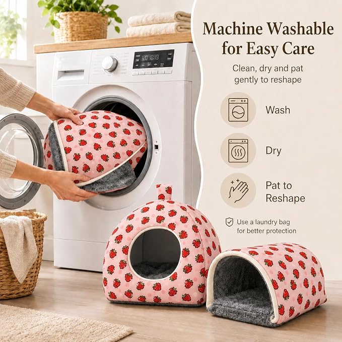 Hamster Hideout Tunnel Set, 2 Pack Washable Small Animal Bed with Removable Cushion, Cozy Play Tunnel Cage Accessories for Hamsters, Hedgehogs, Mice, Rats, Gerbils, Pink Strawberry