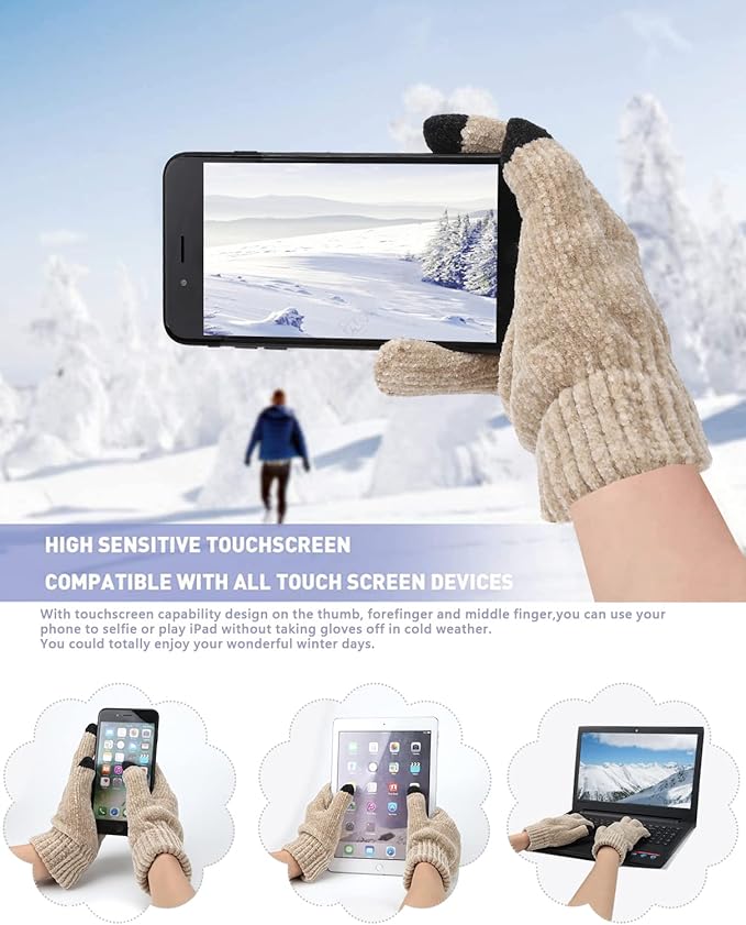 Womens Winter Knit Warm Hat Beanie Long Scarf Touch Screen Gloves Set Skull Caps Neck Scarves for Women