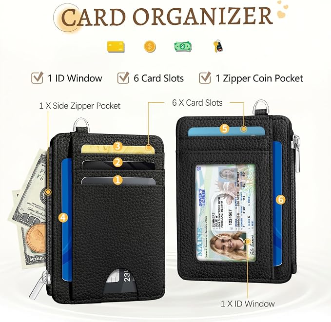 Kelvoris Credit Card Holder Small Wallet Women, Slim RFID, Pure Black | Keychain, Zipper Coin Pocket, Front Pocket Thin Travel Card Case, Minimalist, 6 Card Slots, 1 ID Window, Ladies Gifts Woman