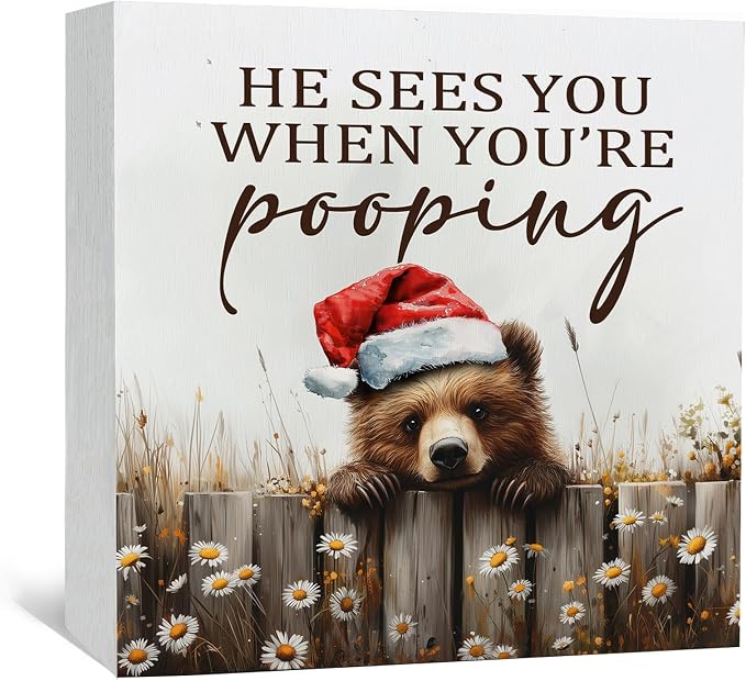 Christmas Bear Home Bathroom Decor Sign - Farmhouse Western Christmas Animal Bathroom Decor,Rustic Farm Animal He Sees You When You're Pooping Signs,Bear Gifts for Women
