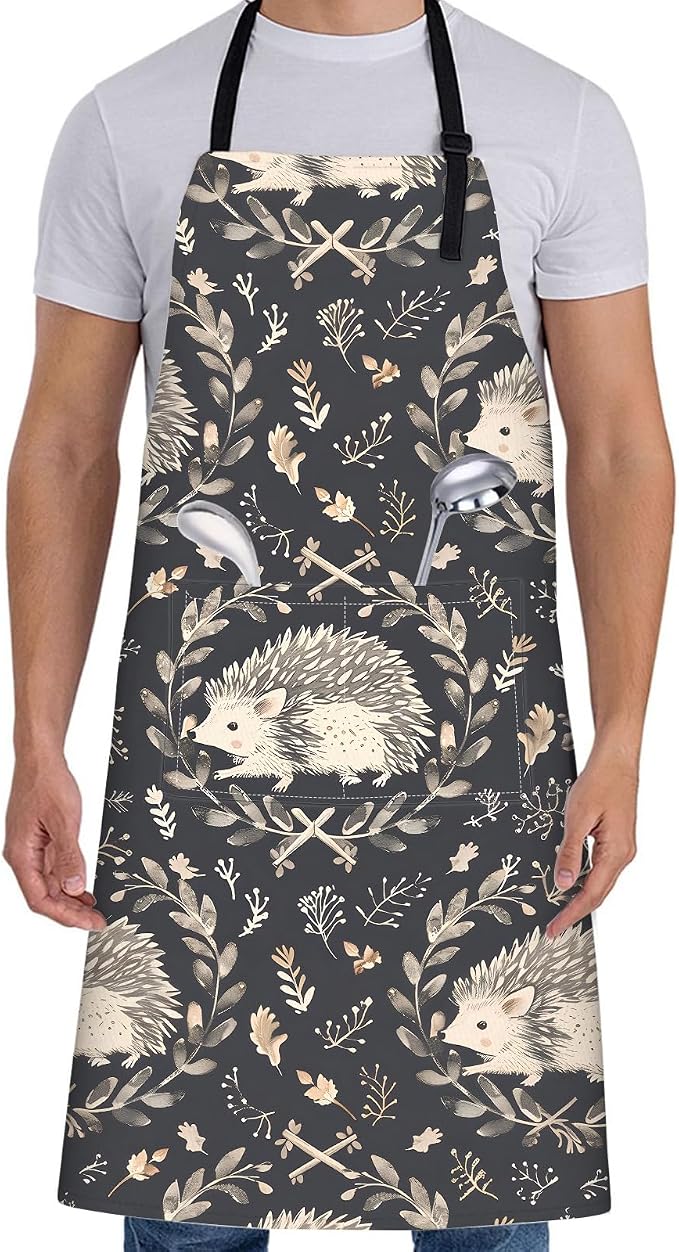 Cute Hedgehog Apron for Women with Woodland,28x33in,Rustic Kitchen Aprons with 2 Pockets,Oxford Fabric,Foliage Adjustable Dark Black Apron for Cooking Baking Gardening Chef,Gifts for Mom Wife
