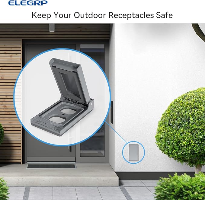 ELEGRP Vertical Outdoor Cover for Duplex Receptacles, Weatherproof Wall Plate, Outdoor Electrical Outlet Cover, Standard Size 1-Gang 4.85” x 2.82”, Thermoplastic, 2 Pack, Grey