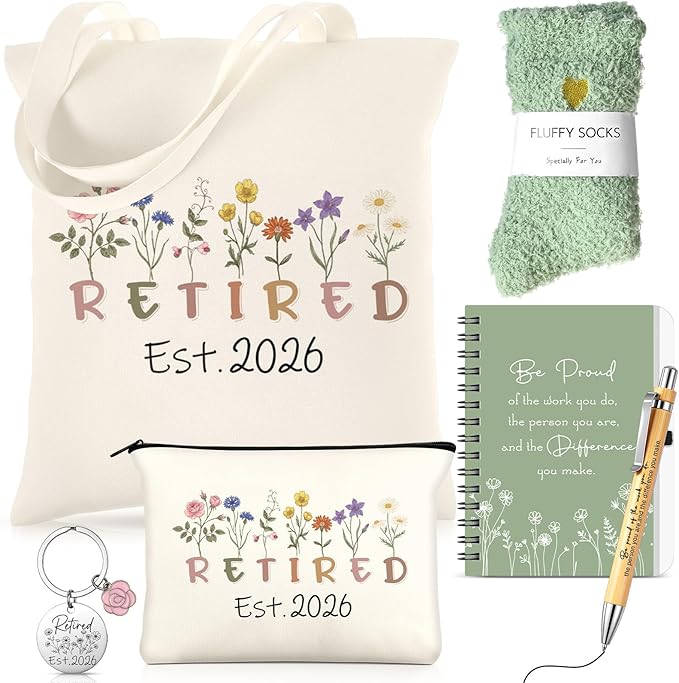 Talltalk 6 Pcs Retirement Gifts for Women 2026 Retired Gifts Set, Socks Canvas Bag Makeup Bag Spiral Notebook Ballpoint Pen and Stainless Steel Keychain for Coworker Mom Christmas Thanksgiving