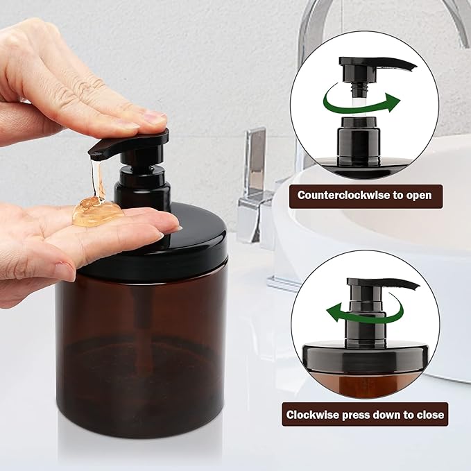 Pump Bottle Dispenser 3 Pcs 600ml/20oz Refillable Plastic Pump Bottles Wide Mouth Jar Style BPA Free Empty Pump Bottles Bathroom Shower Containers for Lotion Shampoo Conditioner (Brown)