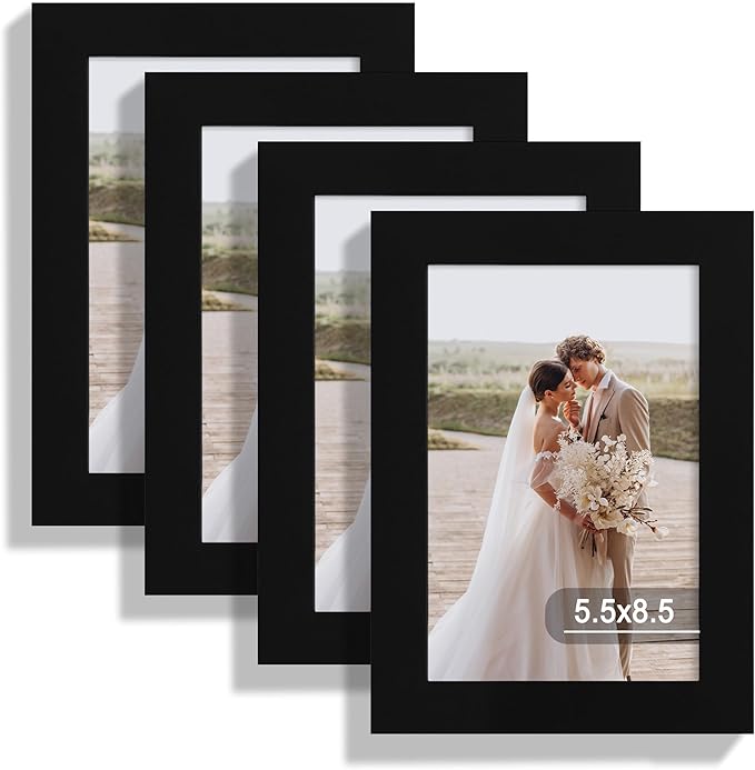 5.5x8.5 Picture Frame Set of 4, Made of Real Glass and Black Frame, 5.5 by 8.5 Photo for Wall or Tabletop