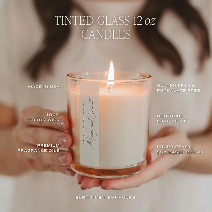 Sweet Water Decor Pink Grapefruit Scented Soy Candles – Grapefruit, Orange, Strawberry, Rose, Musk, Cedarwood – Uplifting Aroma – 50 Hour Burn – 12oz Tinted Glass Jar for Home Decor and Bedroom Decor