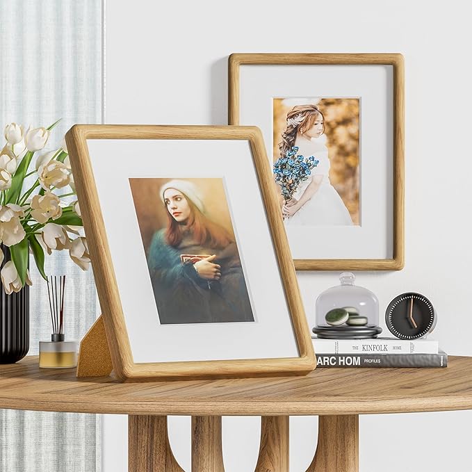8x10 Picture Frame Natural Oak Wood From California-USA with Real Tempered Glass, Handcrafted 8 x 10 Photo Frame Matted to 5x7 Wedding Photo,Family Picture,Graduation Picture Display on Table & Wall