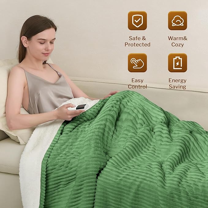 Reaks Electric Heated Blanket Twin, Silky Soft Flannel & Sherpa Twin Electric Blanket with 9 Heat Levels & 2-10 Hours Auto Off, Warm Gifts for Women Mom Grandma, ETL Certified (62x84 inches, Green)