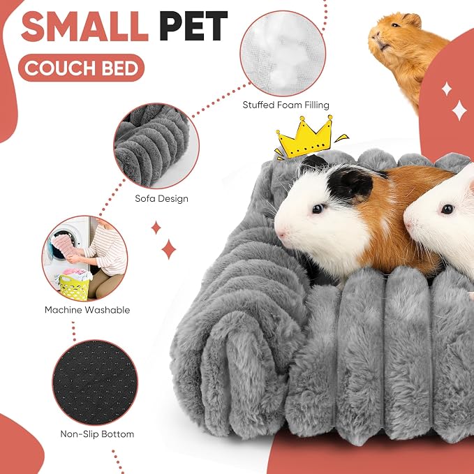 Guinea Pig Couch - Fluffy Small Pet Sofa with with Two Removable Washable Covers, Guinea Pig Bed with Stuffed Arms and Back, Super Cozy Corduroy Fleece, Pink and Dark Gray Respectively