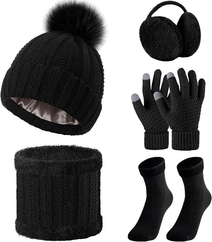 SATINIOR 5 Pcs Winter Satin Lined Hat Scarf Gloves Set Knit Pompom Beanie Warm Touchscreen Glove Earmuff Ear Warmer for Women
