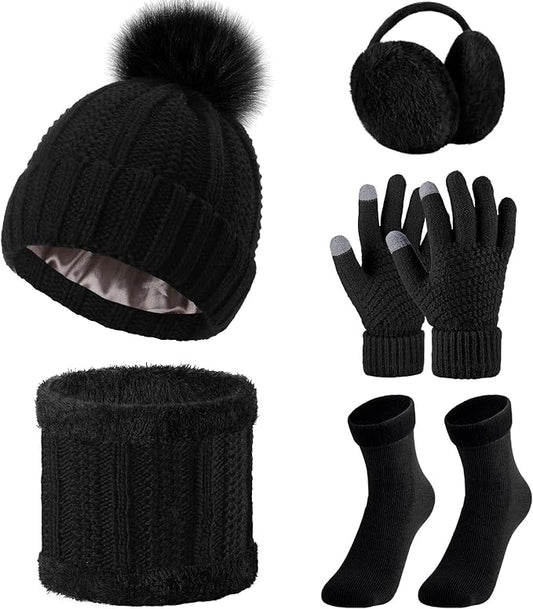 SATINIOR 5 Pcs Winter Satin Lined Hat Scarf Gloves Set Knit Pompom Beanie Warm Touchscreen Glove Earmuff Ear Warmer for Women