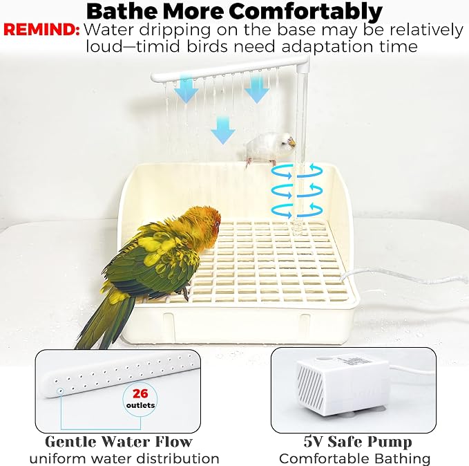 Automatic Parakeet Bird Bath with Pump, Large Bird Shower Fountain | Indoor Bathtub with Running Water, Parrot Bath Tub Faucet for Pet Birds, Cockatiel, African Grey, Budgie, Conure, Lovebird