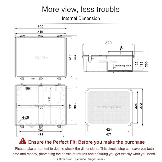 QILIPSU Waterproof Junction Box IP67 Outdoor Plastic Electrical Project Enclosure Weatherproof with Mounting Plate, Wall Brackets, Hinged Grey Cover 20"x16.1"x7.9"