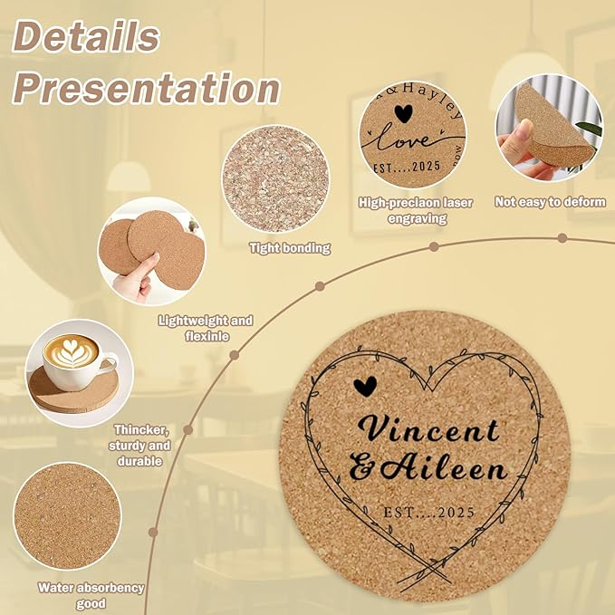 5-500Pcs Custom Cork Coasters Personalized Coasters with Photo Text for Drinks Non-Slip Design Your Own Wedding
