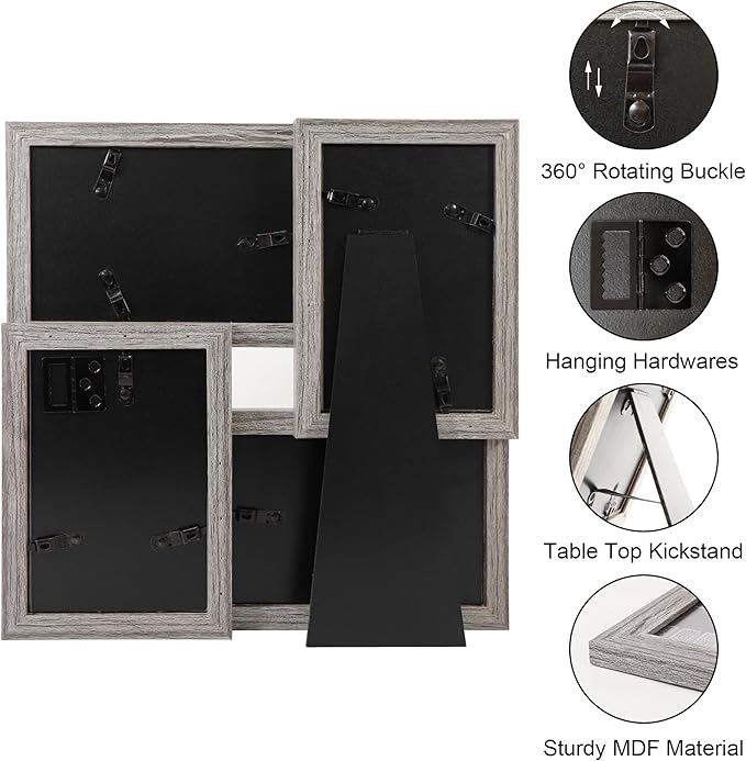 4x6 Collage Picture Frames, Multi Family Photo Frame with Real Glass, Displays Four 4x6 Photo, Wall Decor Wall Hanging or Tabletop, Grey