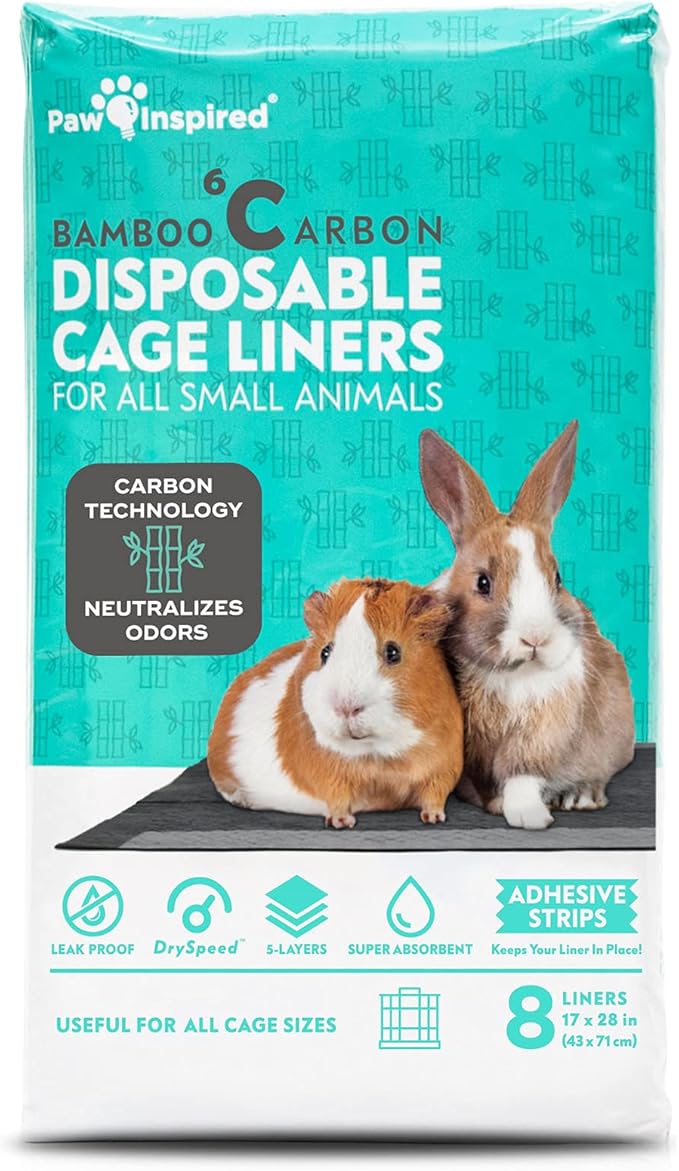 Paw Inspired Disposable Cage Liners, 28x17 Inch (C&C 2x1), 8 Count | Bamboo Charcoal Odor Controlling, Super Absorbent Pads For Guinea Pigs, Ferrets, Rabbits, Hamsters, Small Animals