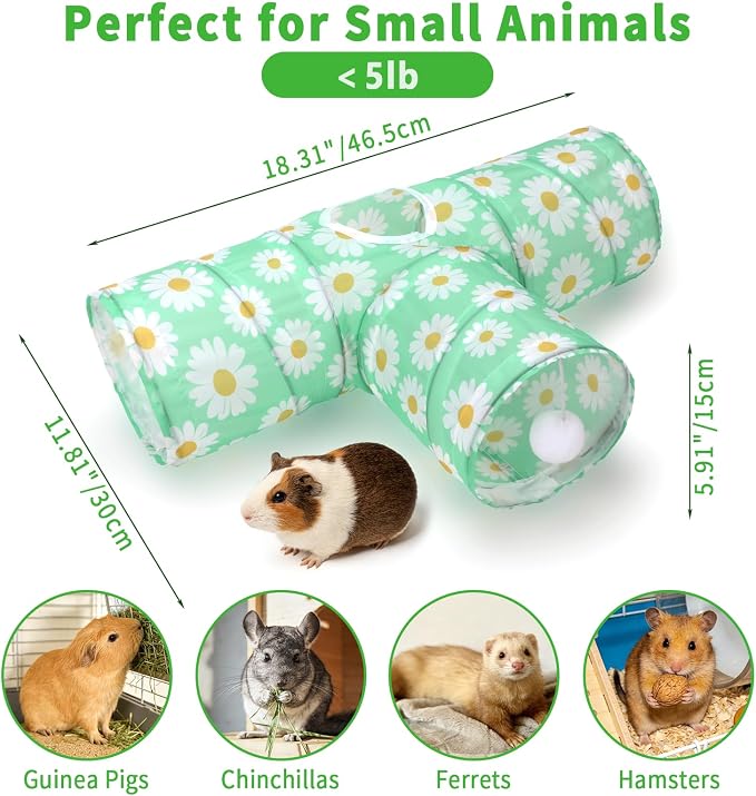 Rypet Guinea Pig Tunnel Hideout 3-Way Collapsible Small Pet Tubes, Daisy | 3 Way Design for Exploration, Collapsible for Easy Storage, Built-in Play Ball, Hiding & Resting for Hamsters Ferrets