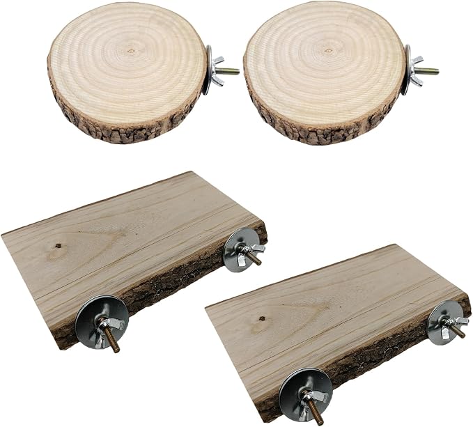 4PCS 5.5×6.1 in &3.9 in Nature Bird Perch Stand Wooden Platforms Set | Rectangular & Round Combined bird platform, Cockatiel Cage Accessories, Grinding Beaks Claw Bird Toys for Parakeet Lovebird