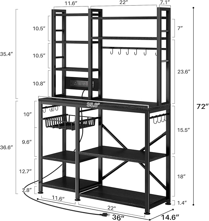 SNTD Baker Rack with Power Outlet - Microwave Stand with Storage, Large Coffee Bar Station with 14 Hooks, Metal Kitchen Shelf Rack for Spices, Pots (Rustic Black)