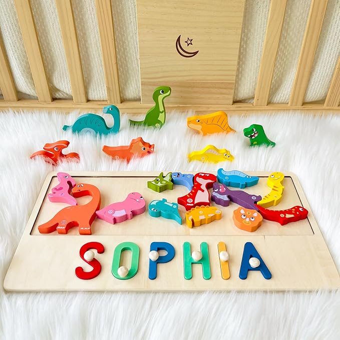 Name Puzzle for Kids Personalized, First Birthday for Baby Boy Girl, Wooden Name Puzzles for Toddlers 1-3, Educational Toys for 1 Year Old (Dinosaur)