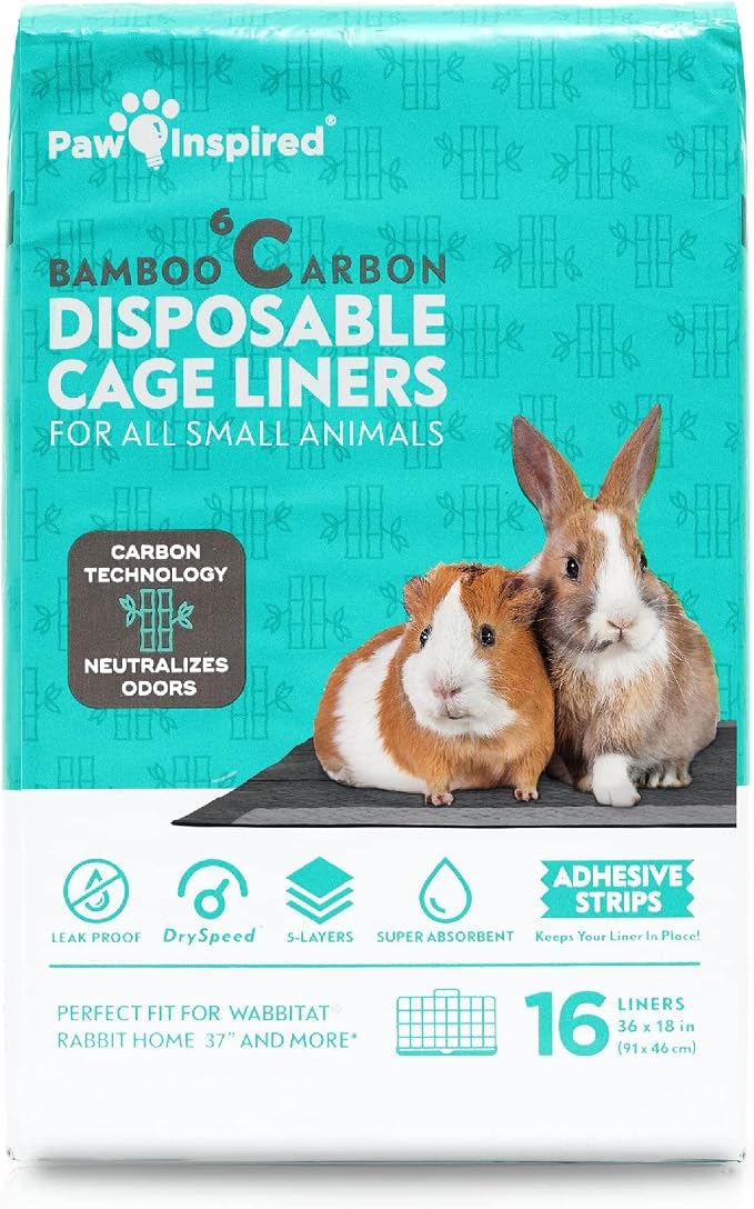 Paw Inspired Disposable Cage Liners, 36x18 Inch (Wabbitat 37), 16 ct | Bamboo Charcoal Odor Controlling, Super Absorbent Pads For Guinea Pigs, Ferrets, Rabbits, Hamsters, Small Animals