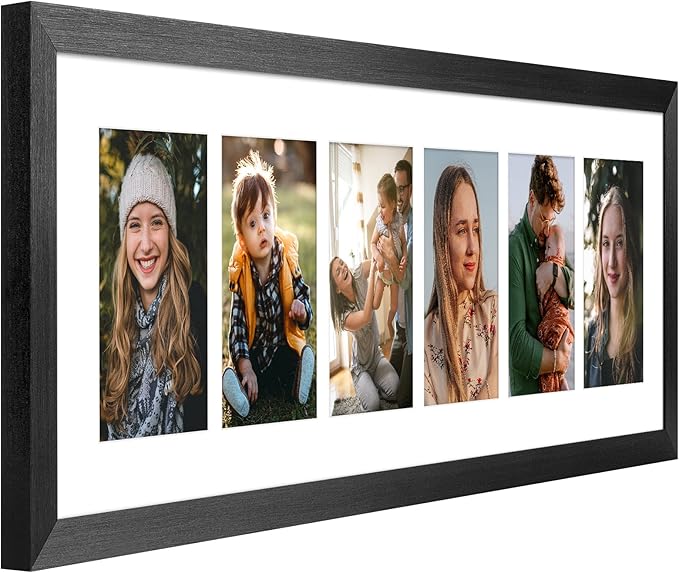 8x26 Collage frame with 6 Openings 4X6 Pictures, Multiple Picture Frame with Mat, Wall or Tabletop Decor, Black Wood Grain (1 Pack)