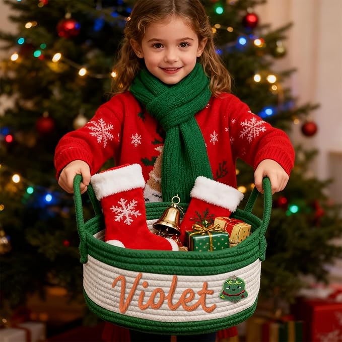Personalized Christmas Gift Baskets with Name,Custom Baby Rope Cotton Basket for Organizing,Customized Storage Baskets for Baby Shower Christmas
