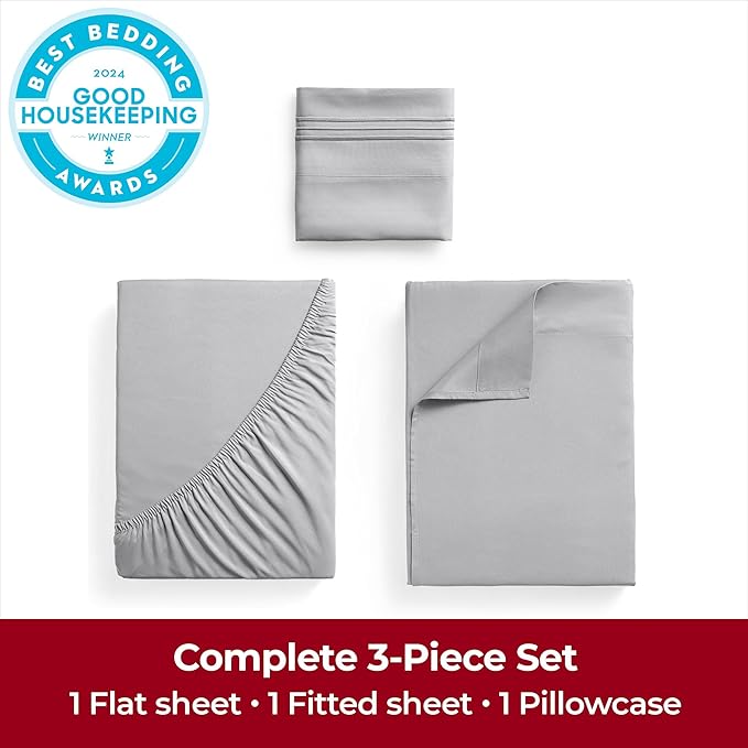Mellanni Extra Deep Twin XL Sheets - 3 PC Iconic Collection Bedding - Hotel Luxury, Ultra Soft, Cooling Bed Sheets - Wrinkle, Fade, Stain Resistant (Twin Extra Long, Light Gray)