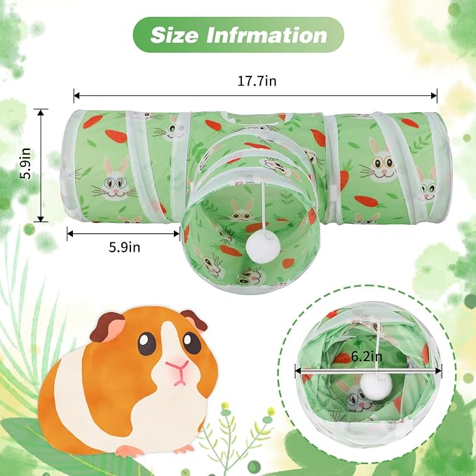 Rypet Guinea Pig Tunnel Hideout 3-Way Collapsible Small Pet Tubes, Green | 3 Way Design for Exploration, Collapsible for Easy Storage, Built-in Play Ball, Hiding & Resting for Hamsters Ferrets