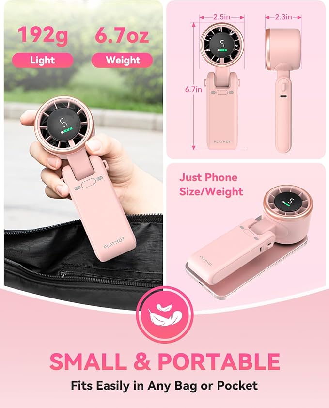 Portable Handheld Turbo Fan, 5-Speed Personal Fans, 5000mAh Rechargeable Fans Up to 12 Hours, Weight only 0.6lb Small Fan, Hand/Neck/Desk Fan 3 IN 1, Beach Vacation Essentials(Pink)