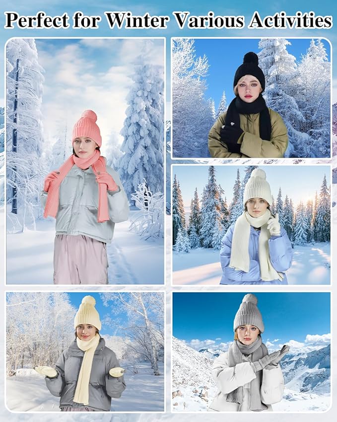 Winter Beanie Hat Scarf Gloves Set for Women, Fleece Knit Pompom Beanie Neck Warmer Long Scarf Touchscreen Gloves 3 in 1 Set