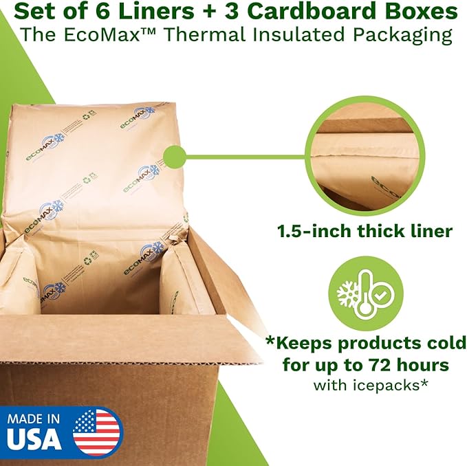 IDL Packaging 14" x 14" x 14" Insulated Shipping Box, 5.8-Gallon Capacity, Pack of 3 - Includes EcoMax™ Thermal-Paper Liners, Absorb Condensation - For Frozen Food, Meat, or Fish