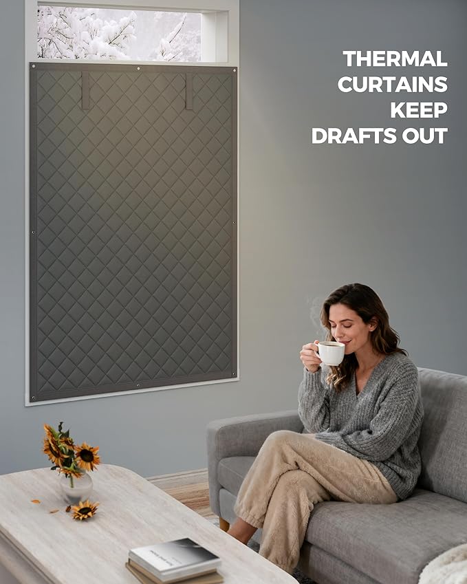 Thermal Insulated Window Cover, Curtain Size 52 x 32 Inch, Quilted Oxford Cloth Thick Cotton Filled, Fits up to 50''×30'' Windows, Ideal for Keeping Warm in Winter, Grey