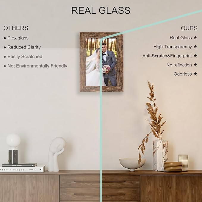 5.5x8.5 Picture Frame Set of 4, Made of Real Glass and Rustic Brown Frame, 5.5 by 8.5 Photo for Wall or Tabletop
