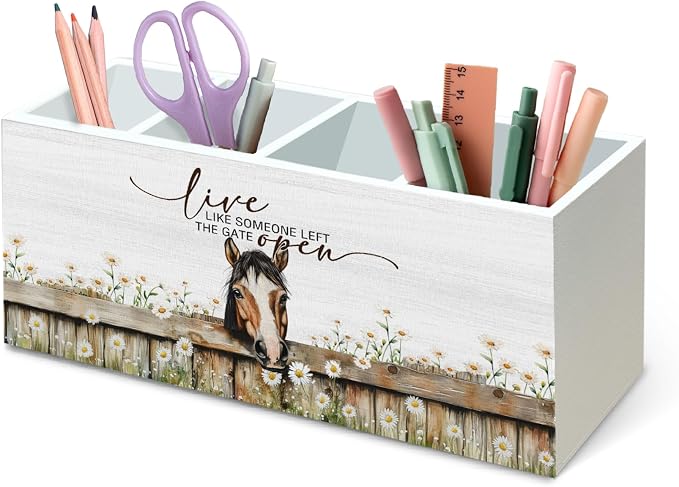 DILSJ Rustic Farmhouse Horse 4 Compartment Pen Pencil Holder for Desk | Horse Lover Gifts, Live Like Someone Left the Gate Open Wooden Box Signs Organizer for Home Office Desk Tabletop Decoration