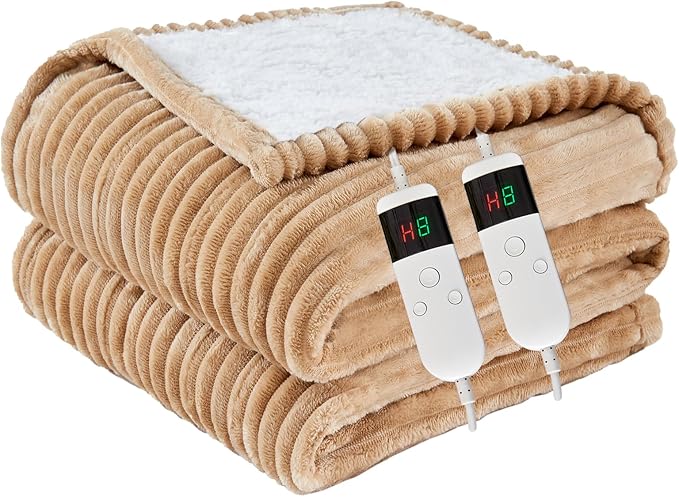 Heated Blanket Electric Queen, Soft Flannel Heating Blanket with 8 Hours Auto Off 10 Fast Heating Levels Machine Washable Sherpa Heated Blanket with Overheating Protection