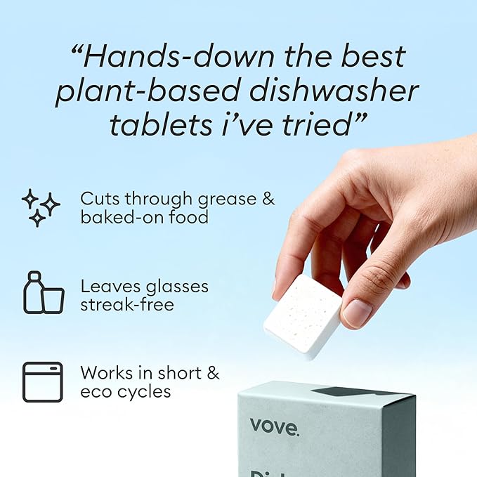 Vove Plastic-Free Dishwasher Tablets, 60 Pack - All-in-One Plant-Based Formula with 2x Enzyme Power - Tackles Stubborn Stains, No Pre-Rinse Needed, Biodegradable & Concentrated, Fragrance-Free