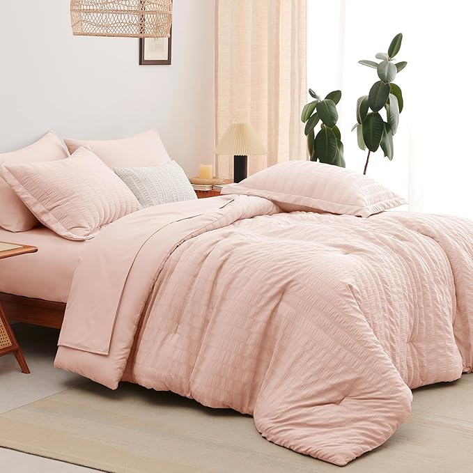 CozyLux Twin XL Comforter Set with Sheets Seersucker Blush Pink 5 Pieces Bed in a Bag, Twin Extra Long Luxury Bedding Sets for College Dorm with Down Alternative Comforter, Sheets, Pillowcases & Shams