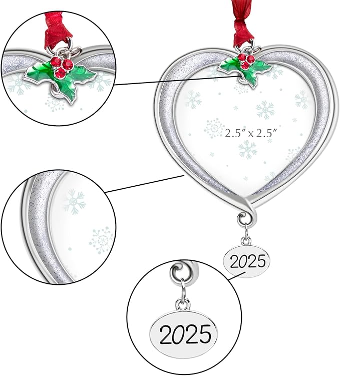 Christmas Tree Ornament Picture Frame Metal Hanging Pendant Holiday 2.5" Photo Frame Charm Decorative of Pets, Baby First Christmas, Family (2025 White)