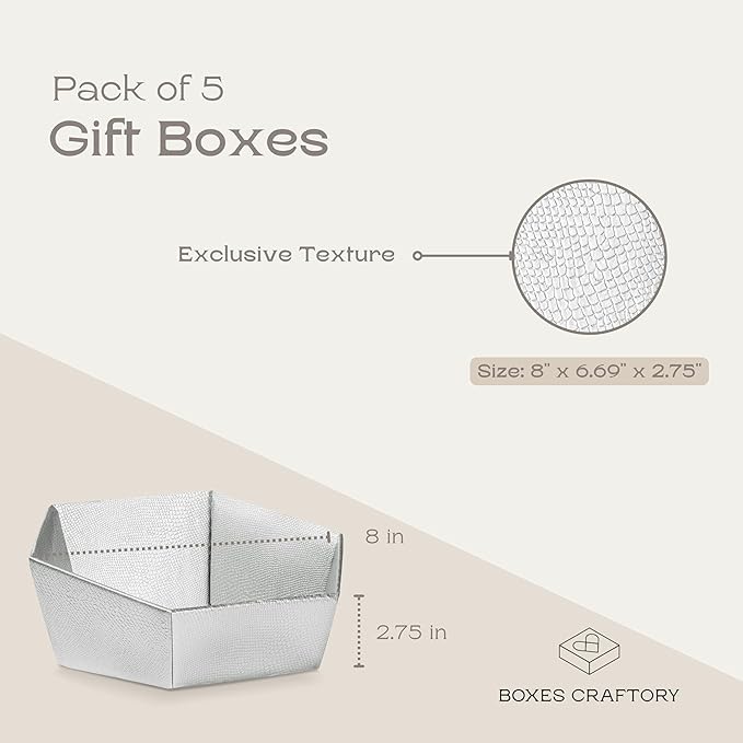 Pack of 5 Sturdy Empty Gift Baskets Made in Italy - Ideal for Baby Shower, Wedding and for Any Occasion - 8" x 6.69" x 2.75" Silver