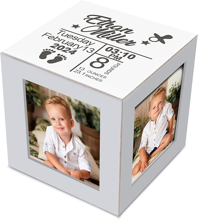 Personalized Mini White Wood Photo Cube for New Mom– Custom Name Picture Frame Memory Box for Baby Milestones, Newborn Photo Props, Shower Gift, or Nursery Shelf Display & Keepsake Decoration